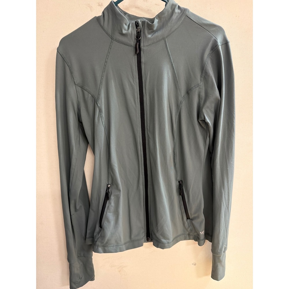 Forever 21 Active Full Zip Jacket Sage Green Mock Neck Thumbholes Large